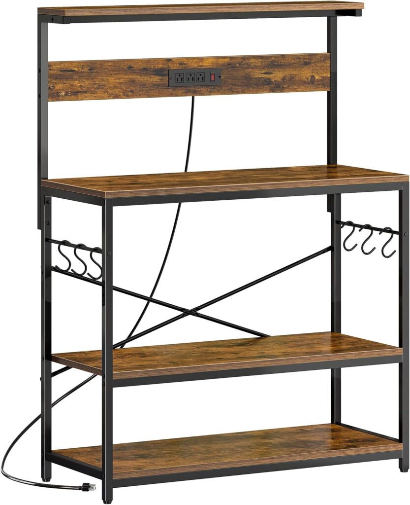 SUPERJARE Bakers Rack with Power Outlets, Microwave Stand, 39.4 X 14.3 Inch Larger Desktop, Kitchen Storage Rack with Adjustable Middle Shelf, 6 S-Shaped Hooks, Coffee Bar Stand, Rustic Brown