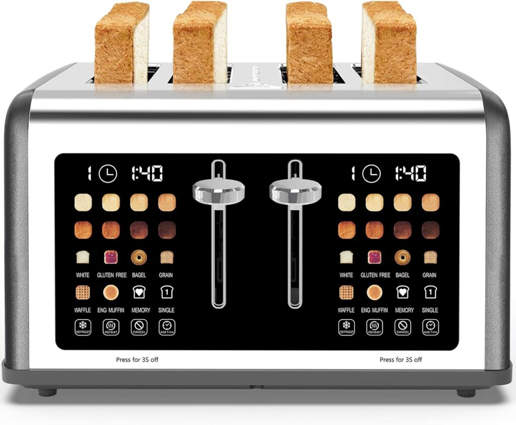 4 Slice Toaster Touch Screen, Stainless Steel Toasters Digital Timer, Dual Control Panel Toasters, 8 Shade Settings 6 Bread Types for Bagel, Cancel, Defrost 1650W Grey