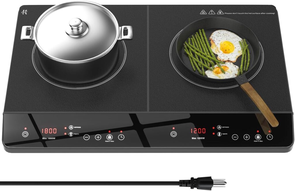 Double Induction Cooktop, Portable 1800W Induction Cooker 2 Burner Independent Touch Control, Ceramic Electric Stove with 9 Temperature and Power Level, Safety Lock, 3 Hour Timer – Black