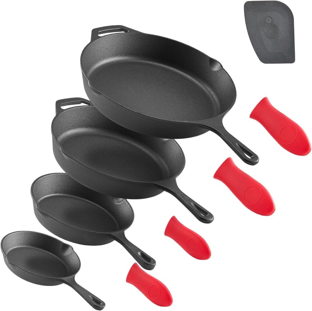 VEVOR Cast Iron Skillet, 4-Piece Frying Pan Set (6, 8, 10, 12 in), Skillets with Heat-Resistant Silicone Handle, Pre-Seasoned Chef’s Pan, Kitchen Cookware, for Oven, Gas, Electrical, Induction, Black
