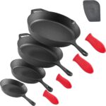 VEVOR Cast Iron Skillet, 4-Piece Frying Pan Set (6, 8, 10, 12 in), Skillets with Heat-Resistant Silicone Handle, Pre-Seasoned Chef’s Pan, Kitchen Cookware, for Oven, Gas, Electrical, Induction, Black