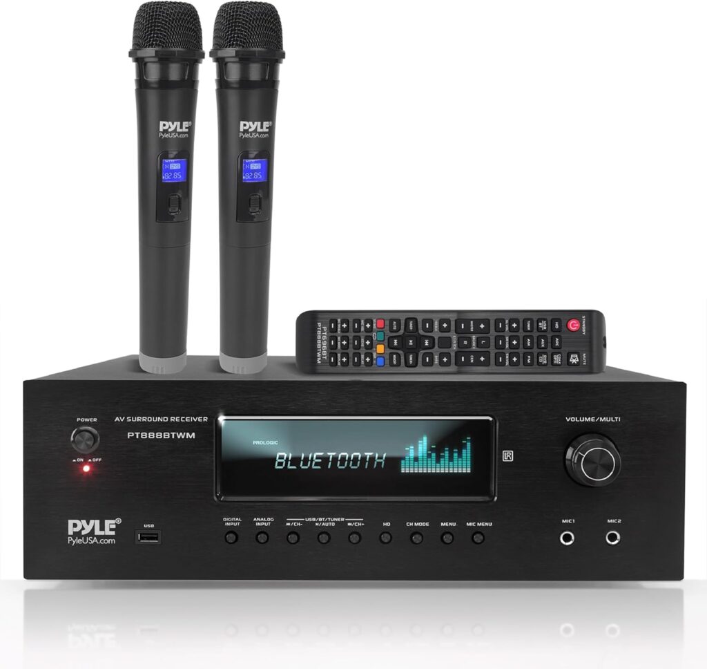 Pyle 1000W 5.2 Channel Home Theater Receiver – Bluetooth 5.0 – Amp w/ 2 UHF Wireless Mics – 4K UHD/3D/Blu-ray Pass-Through – MP3/USB/HDMI/AM/FM Radio – DSP EQ – Mic Echo & Volume Controls – PT888BTWM