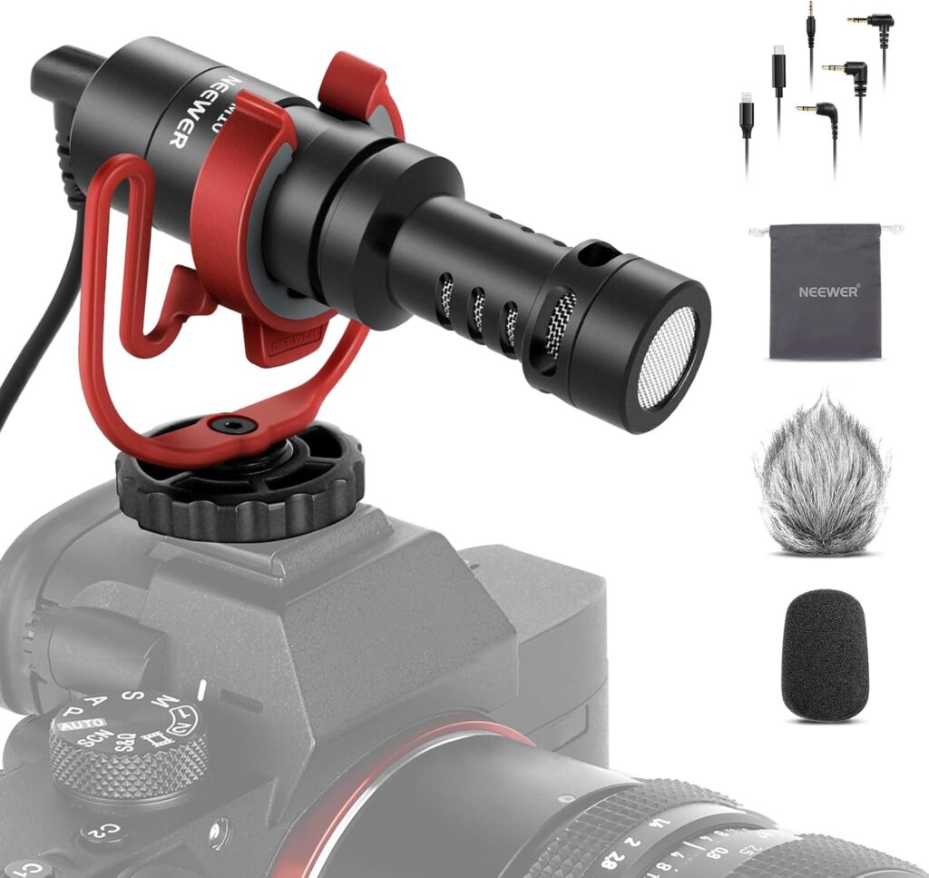 NEEWER Plug & Play Vlog Microphone for Camera, 20-20KHz Mini Supercardioid Mic Compatible with Sony Canon Nikon iPhone Samsung Android Tablet Mac with 3.5mm TRS USB C OTG Shock Mount Windscreen, VM10