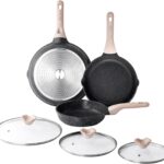 Kordisen Nonstick Frying Pan Set with Lids, 3 Piece Skillet Set, Healthy Induction Cooking Pan, Stay-Cool Handle, Compatible with All Stovetops, PFOA Free (8, 9.5, 11 Inch)