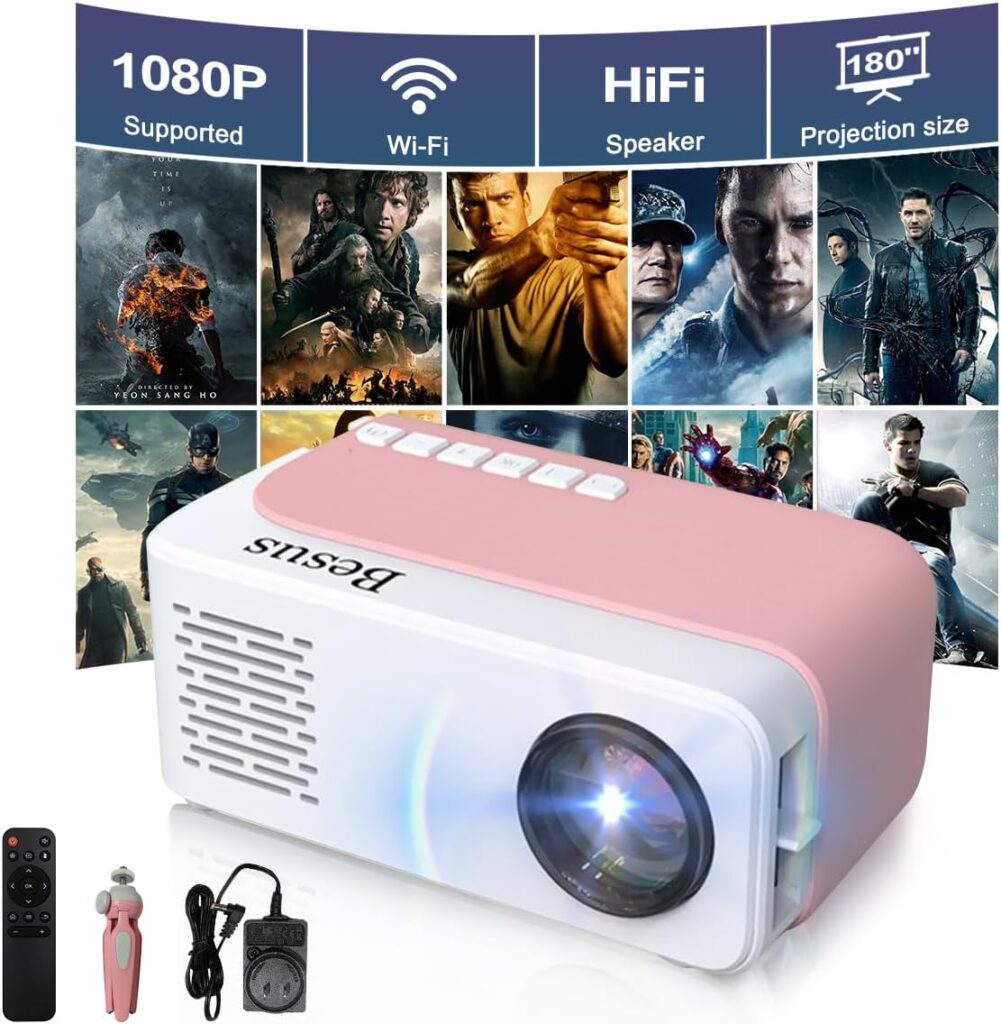 Mini Projector, HD 1080P WiFi Video Projector, Portable Outdoor Projector with Tripod, Gift for Kids, Home Theater Movie Phone Projector Compatible with USB, AV, Smartphone/Tablet/Laptop (pink)