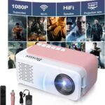 Mini Projector, HD 1080P WiFi Video Projector, Portable Outdoor Projector with Tripod, Gift for Kids, Home Theater Movie Phone Projector Compatible with USB, AV, Smartphone/Tablet/Laptop (pink)
