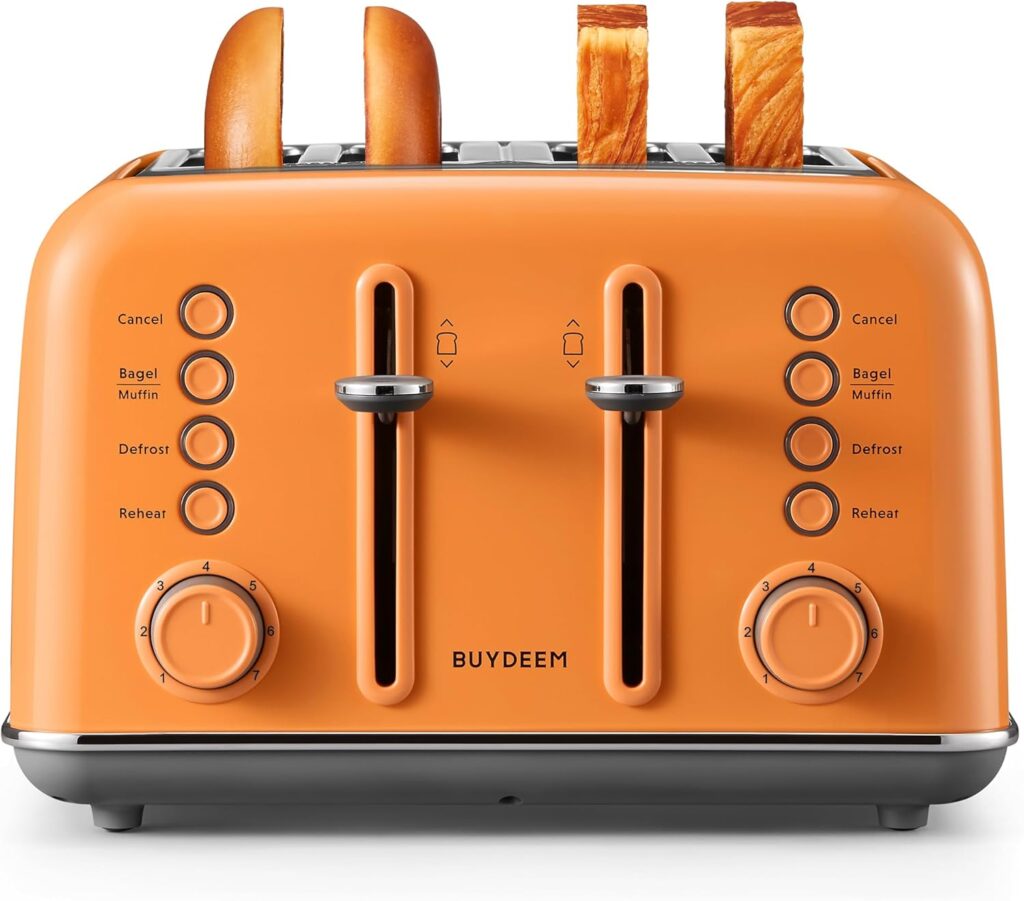 BUYDEEM DT640 4-Slice Toaster, Extra Wide Slots, Retro Stainless Steel with High Lift Lever, Bagel and Muffin Function, Removal Crumb Tray, 7-Shade Settings,Orange