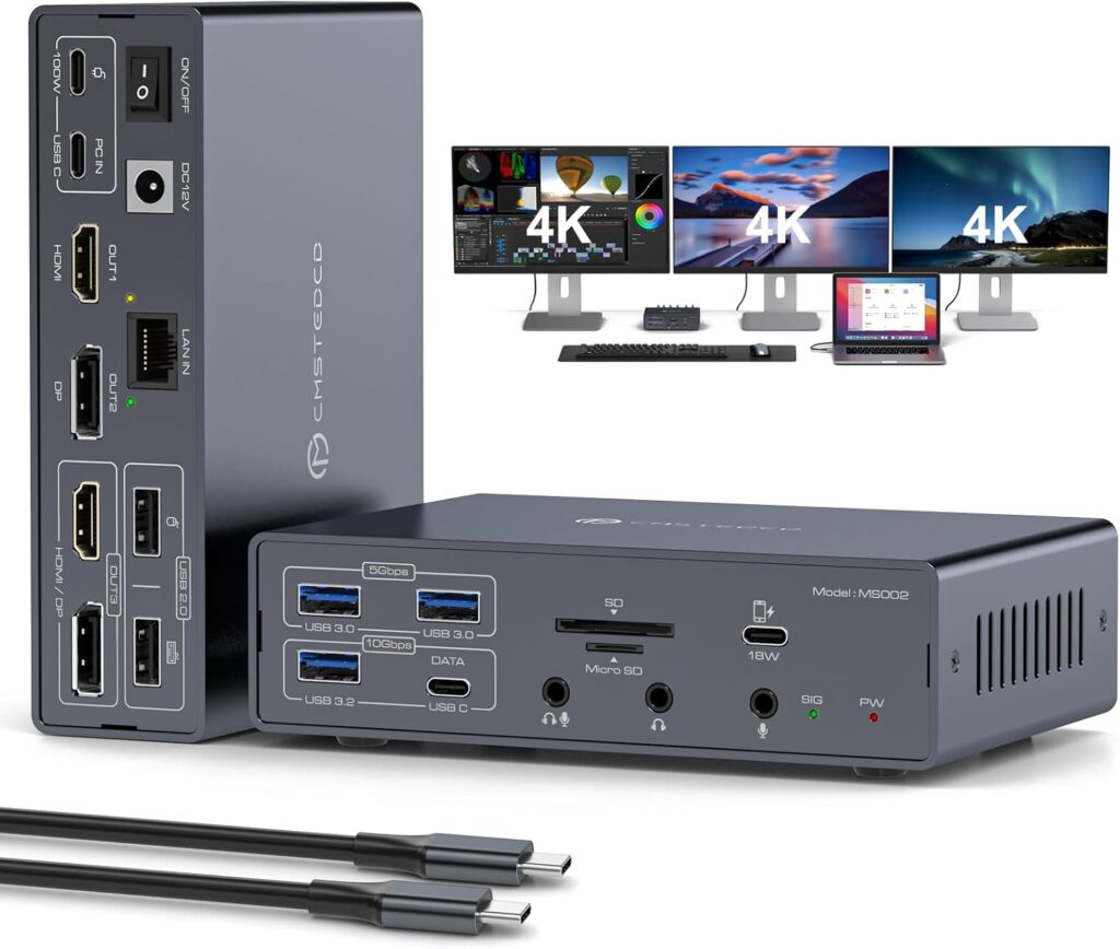Thunderbolt Docking Station 3 Monitors 4K@60Hz for M1 M2 M3 M4 MacBook Pro/Air with DisplayLink Technology, 19 in 1 USB C Dock with 2 HDMI & 2 DisplayPort, PD 100W, QC 18W, USB 3.2 10 Gbps