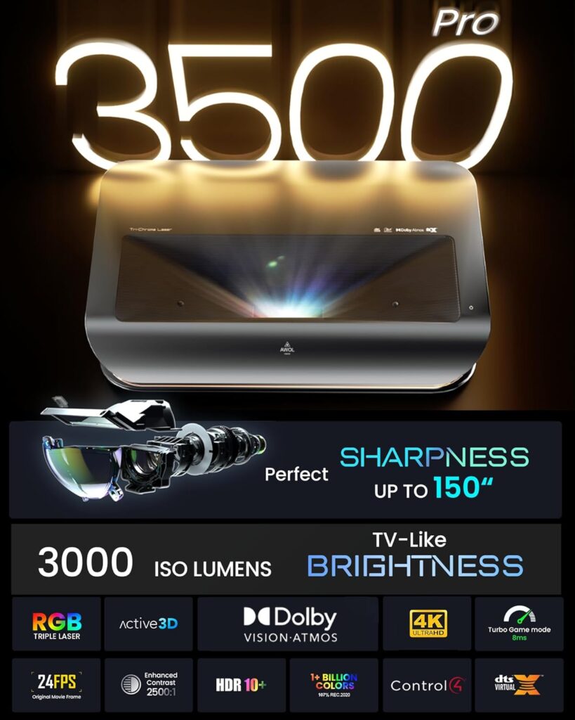 AWOL VISION LTV-3500 Pro with 120″ Motorized Floor Rising Screen Bundle,4K 3D HDR10+ Dolby Vision & Atmos Ultra Short Throw Triple Laser Projector with 120″ Motorized Floor Rising Screen