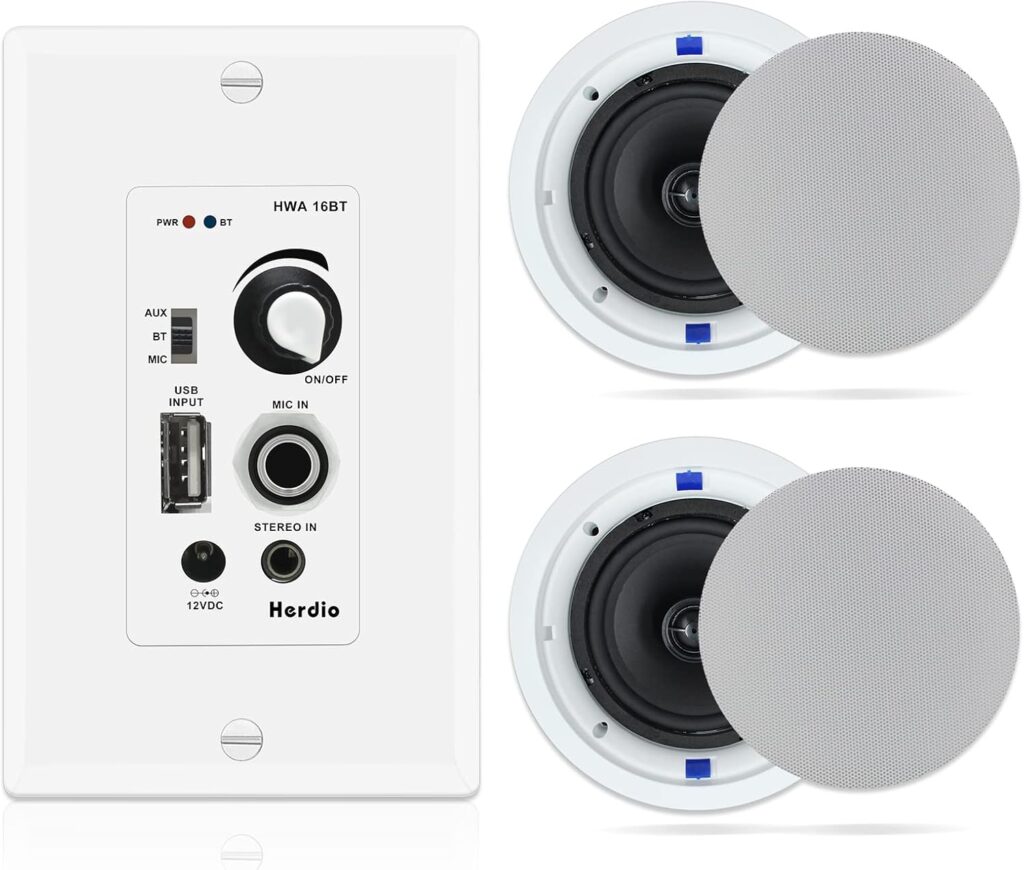 Herdio 6.5 Inch Bluetooth Ceiling Speakers 320W 2-Way Flush Mount in Wall Amplifier Receiver Suitable for Home Theater Bathroom Living Room Kitchen Office (White, Pair)