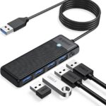 ORICO USB 3.0 Hub, 4-Port USB Hub with Long Cable, Ultra Slim USB Splitter for Laptop MacBook Pro, iMac, Surface Pro, XPS, PS5，PC, Flash Drive, Mobile HDD (Black/6ft)