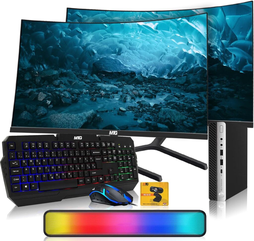 HP G5 Tiny Mini Desktop PC, Intel Core i5, 16GB RAM, 1TB SSD with Dual 24 inch Curved Monitor, RGB Kit and Webcam, Windows 11 (Renewed)