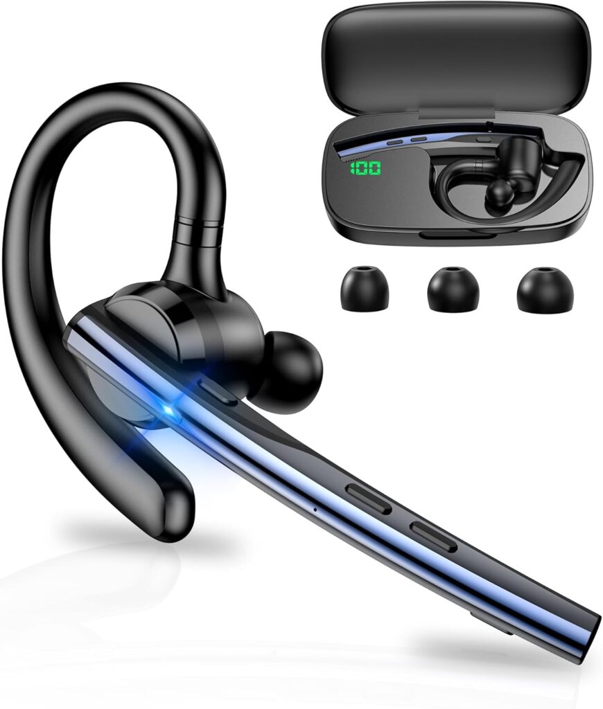 New Bee Bluetooth Headset V5.1 Bluetooth Earpiece Dual Mic with 500mAh Charging Case 72H Talk Time Wireless Hand-Free Headsets with Mute Button for Cell Phone Calls Driving Computer Work