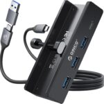 ORICO USB Hub 3.0, Clamp USB Hub with Extra Power Supply Port, Aluminum 4-Port USB Adapter with 3 USB-A Data Ports, USB-C Port for Monitors, Desks (Black)
