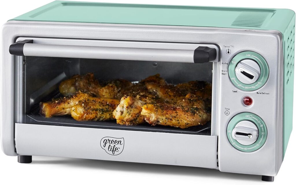 GreenLife Countertop Toaster Oven Air Fryer Stainless Steel, Healthy Ceramic Nonstick, PFAS Free, Tray & Basket, Bake, Broil, Reheat, Adjustable Temp & Time Control, Auto Shutoff, Turquoise