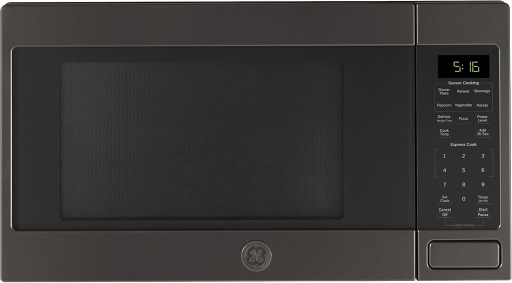 GE GCST16S1WTS Microwave Oven, 1,150-watt 8 Auto Cooking Settings, Child-Lock Technology, Kitchen Essentials for The Countertop, Dorm Room or Apartment, 1.6 Cu. Ft, Black Stainless