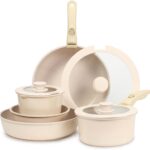 ESLITE LIFE Nonstick Cookware Sets with Detachable Handle,Ceramic Coating Pots and Pans Set Kitchen Cooking Set, Compatible with All Stovetops, PTFE & PFOA Free, White, 10 Pcs Set