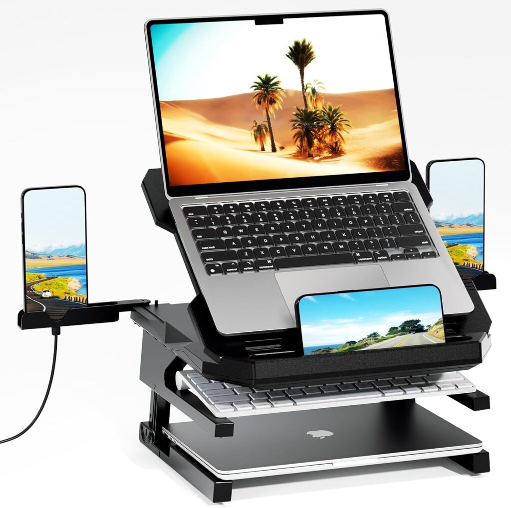 OImaster Laptop Stand for Desk, Phone Stand, Extended Laptops Riser, Elevator, 3 Height Adjustable, Rotatable Base, 10-17 Inches