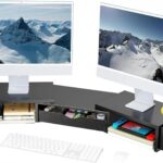 Spacrea Metal Desk Organizers and Accessories, Dual Monitor Stand Riser with Drawer and 2 Pen Holders, Desk Accessories & Workspace Desktop Organizers for Office Supplies (Black)