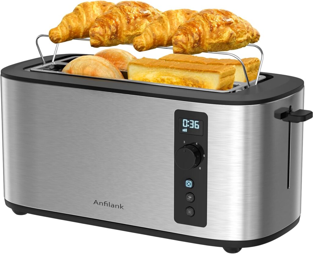 Toaster 4 Slice with Countdown Timer, Extra Wide Slots for Bagels and Waffles, 6 Browning Settings, Removable Crumb Tray, Stainless Steel