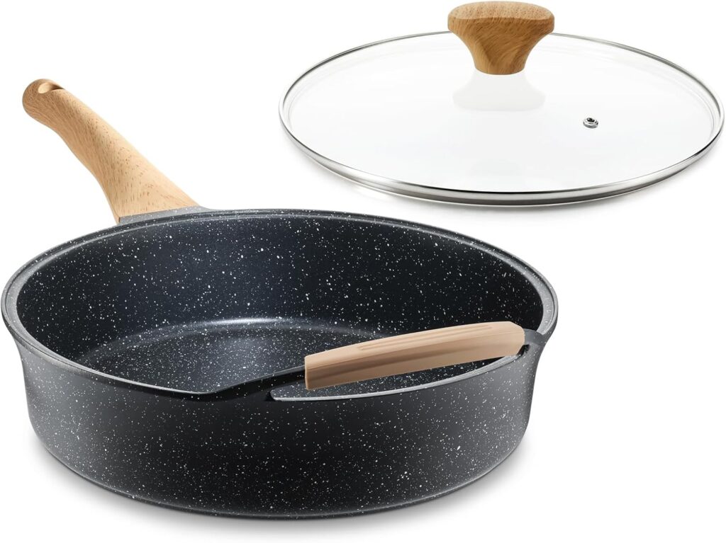 Deep Nonstick Frying Pan with Lid, 4.5 QT Swiss Granite Coating Sauté Pan, 12 Inch Healthy Non Stick Skillet Cooking Pan and Helper Handle with Silicone Cover, PFOA Free, Induction Ready.