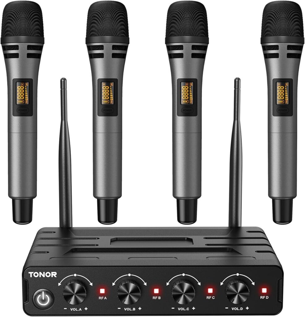TONOR Wireless Microphones System with 4×10 Channels Cordless Handheld Microfono Inalambrico, 200FT UHF Range, Mics with Stable Signal Transmission for Karaoke Singing Party Church Wedding PA Speaker