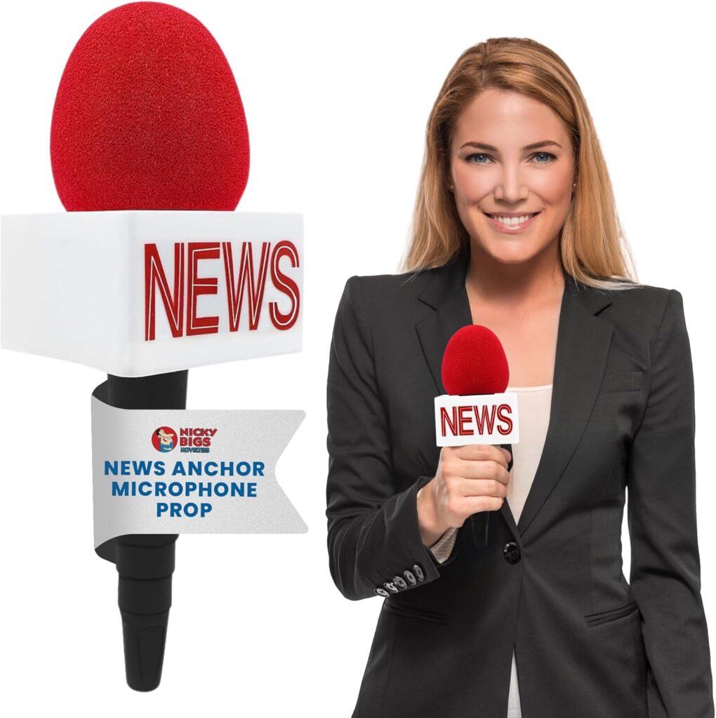 Nicky Bigs Novelties Adult News Anchor Microphone Prop – Fake News Microphone with Flag, Plastic Wireless prop for Reporter, Anchorman, Journalist Costume, Career Day, Halloween – Black, One Size