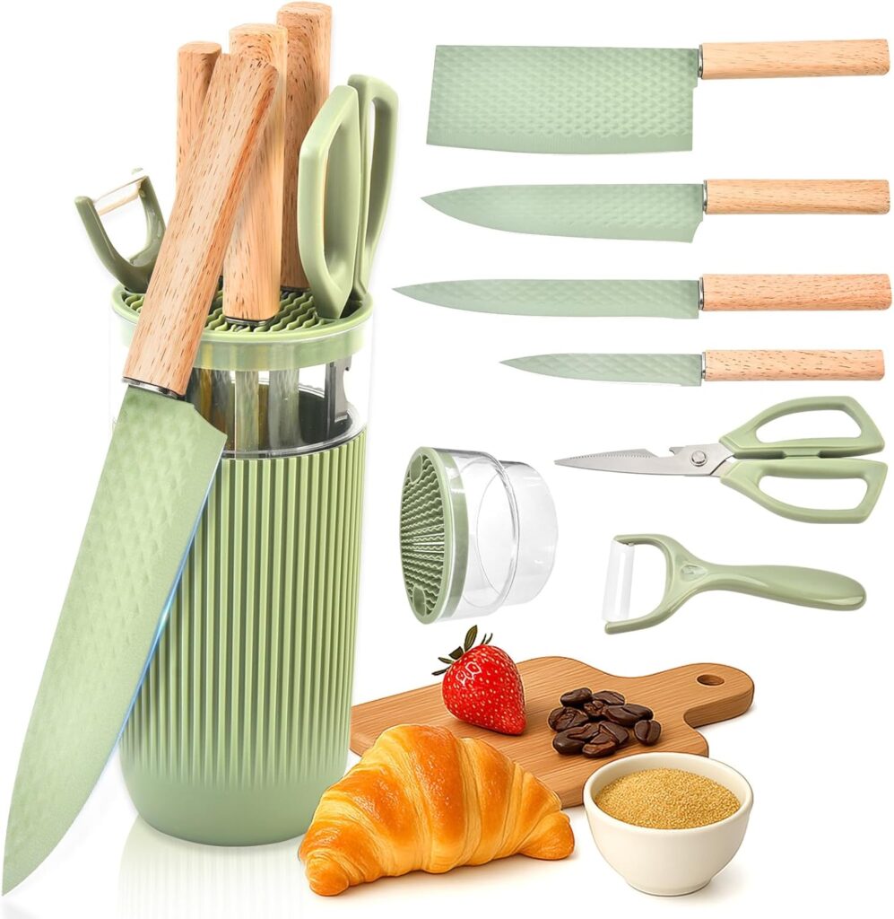 Knife Set, 7-Piece Kitchen Knife Set with Sharp Chef and Meat Knives, Anti-Rust Utility Knives Set for Kitchen, Kitchen Knife Block Set （Green）