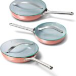 Caraway Ceramic Nonstick Fry Pan Set with Glass Lids – Includes Two 10.5” Fry Pans, One 8” Fry Pan, & Three Lids – Non Toxic, PTFE & PFOA Free – Oven Safe & Compatible with All Stovetops – Perracotta