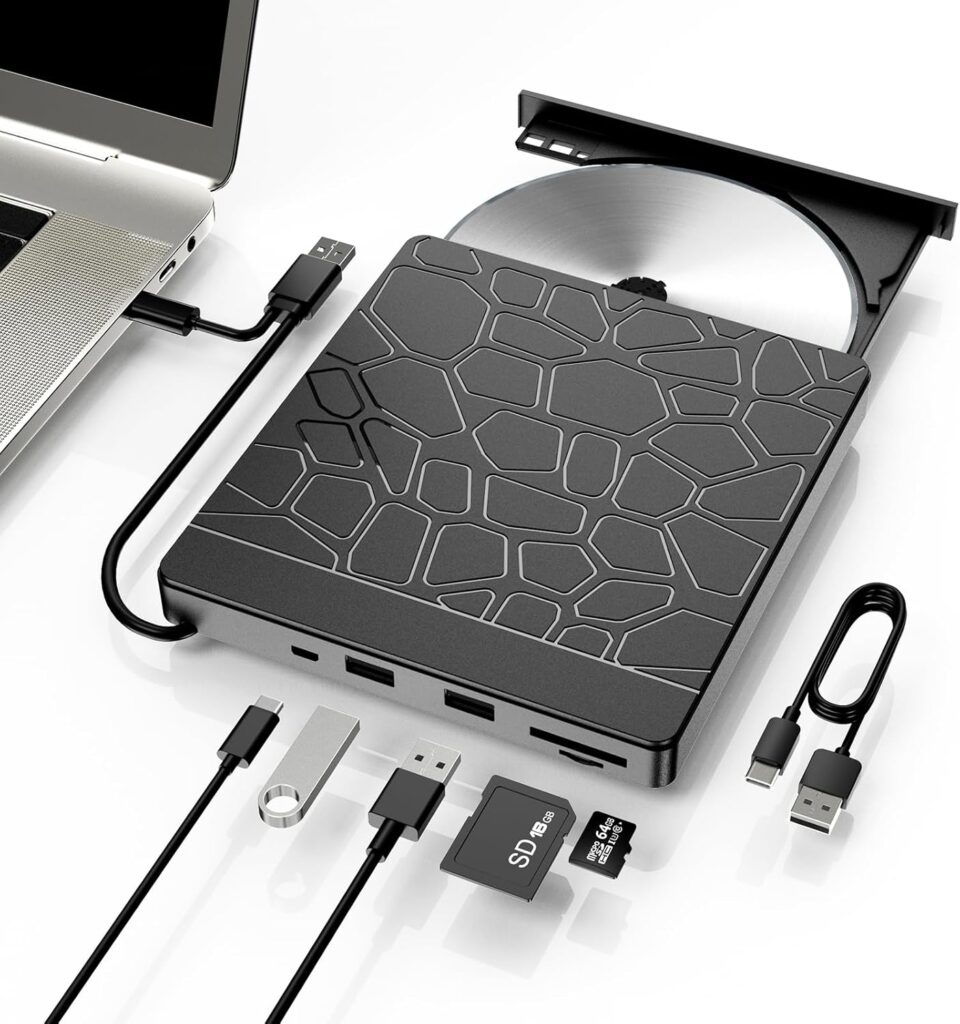 External Blu-ray Drive, 5-in-1 USB 3.0 & Type-C BD Reader, DVD/CD Burner with Dual USB-A Ports, SD/TF Slots – Portable Blu-ray Player for Laptop PC, Windows/Linux/Mac OS Compatible (5 in 1)