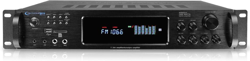 Bluetooth Home Stereo Amplifier, Digital Hybrid Multi Channel, 1500 Watt, Preamp, Tuner with USB and SD Inputs, 2 Mic Inputs, AM/FM digital tuner, Wireless Remote, Bass & Treble Controls
