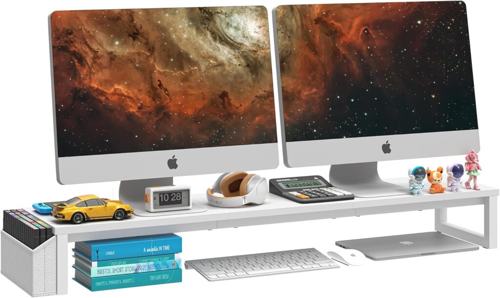 LAND·VOI Dual Monitor Stand Riser,41.5” Long Monitor Stand for 2 Monitors, Wood and Steel Computer Monitor Stand, Desktop Oraganizer with Pen Holder, Monitor Riser for Desk Computer,Laptop,TV, White