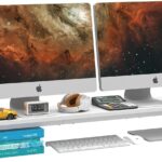 LAND·VOI Dual Monitor Stand Riser,41.5” Long Monitor Stand for 2 Monitors, Wood and Steel Computer Monitor Stand, Desktop Oraganizer with Pen Holder, Monitor Riser for Desk Computer,Laptop,TV, White