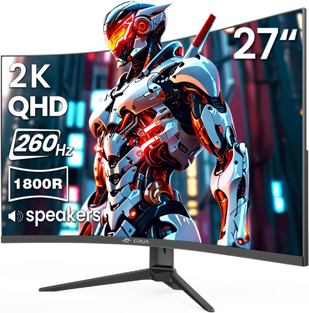 CRUA 27” Curved Gaming Monitor 260Hz/240Hz, QHD 1440P 1800R VA Panel Computer Monitor with Built-in Speakers, Support AMD FreeSync, 120% sRGB, Blue Light Filter, HDMI2.0 & DP1.4, Wall Mountable-Black