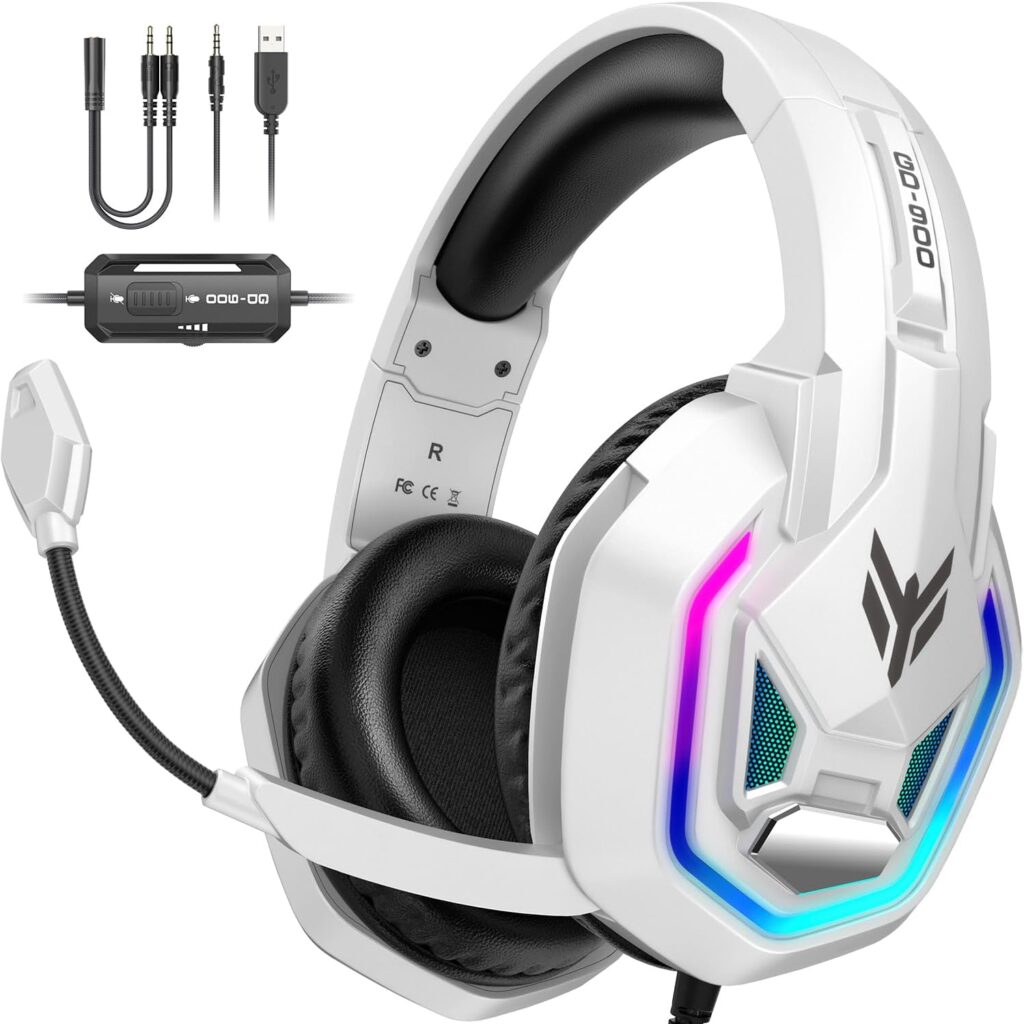 Gaming Headset for PS5, PS4, Xbox Series X|S, Xbox One, PC, Switch, Mac – RGB Over-Ear Headphones with 7.1 Surround Sound, Noise Cancelling Mic, 50mm Drivers & Memory Earmuffs for Nintendo 64