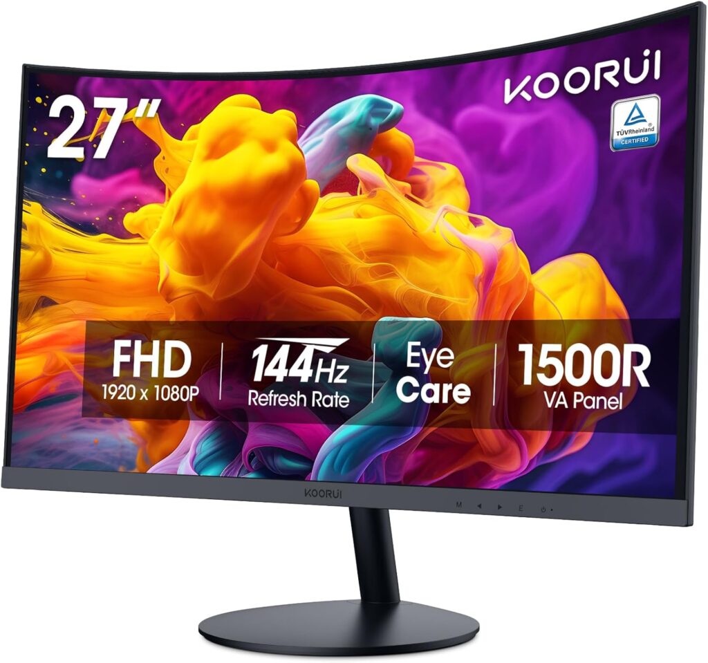KOORUI 27 Inch Curved Monitor FHD 1080P 144Hz Computer Monitors, 1500R PC Screen with HDMI VGA, TÜV Rheinland Certified, Tilt Adjustable,1500R, Eye Care, Black.