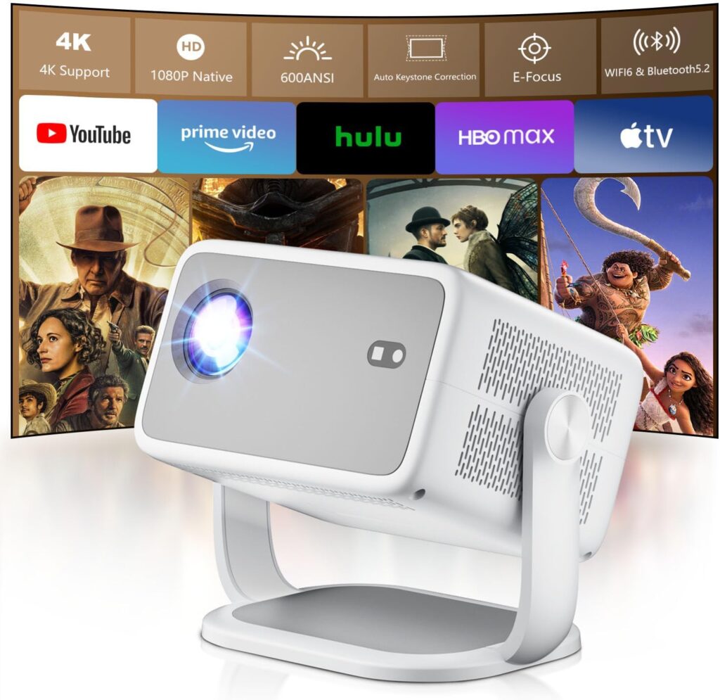 Smart Projector with Built in Apps – 2025 Outdoor Projector 4k, Native 1080P Projector with Wifi Bluetooth, 600 ANSI Proyector, Electric Focus & Auto Keystone, Compatible w Android/Phone/TV Stick