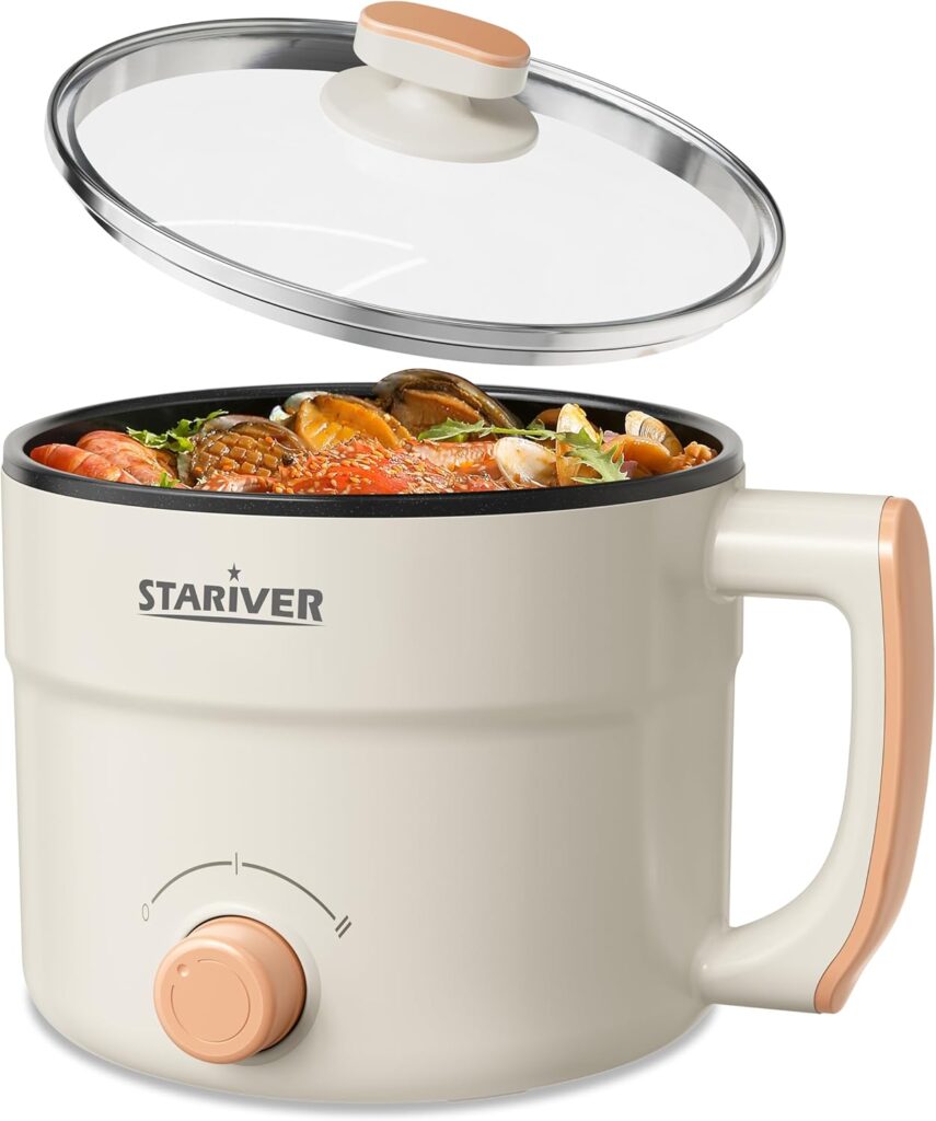 Stariver 1.5L Electric Hot Pot with Dual Power – Mini Portable Non-Stick Noodle Cooker for Ramen, Soup, Pasta, Egg, Oatmeal – Overheat & Boil-Dry Protection – Ideal for Dorm, Office, Travel Gift