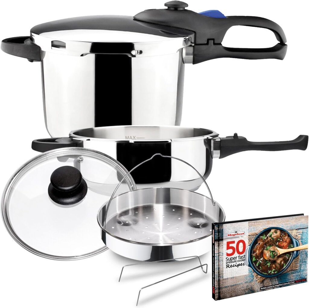 MAGEFESA Favorit Six Stainless Steel Pressure Cooker Set, 3.2 & 6.3 Qts, Induction Compatible, Heat Diffuser Base, 5 Safety Systems – Special Edition (Steam Basket, Lid & Recipe Book)
