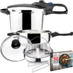 MAGEFESA Favorit Six Stainless Steel Pressure Cooker Set, 3.2 & 6.3 Qts, Induction Compatible, Heat Diffuser Base, 5 Safety Systems – Special Edition (Steam Basket, Lid & Recipe Book)
