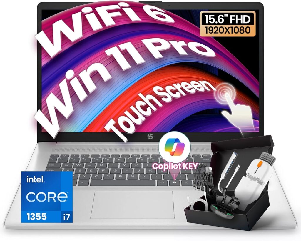 HP 2026 i7 Touchscreen Laptop, 15.6″ FHD Display, Intel i7-1355U (64GB RAM | 2TB SSD), Copilot Key, Numeric Keypad, Webcam, Windows 11 Pro, WiFi 6 & Bluetooth with SXK Accessory Kit