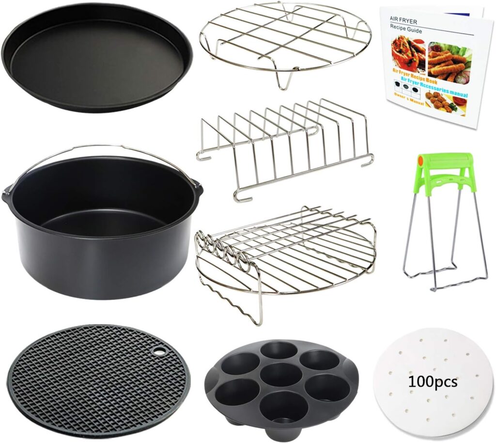 9 Inch Air Fryer Accessories XL 10 PCS with Cupcake Pan, Pizza Pan, Silicone Baking Cup, Recipe Cookbook, 100Pcs Parchment Paper for 5.3Qt – 6.8Qt and Larger Size Phillips Air Fryer Instant Pot