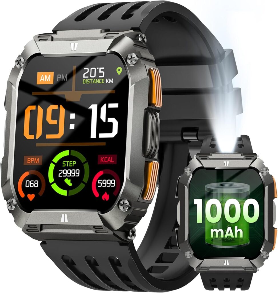 Smart Watches for Men, Military Smart Watch with 100 Days Battery/LED Flashlight, 1.95” Fitness Watch with Heart Rate/ Sleep Monitor/100+ Sports Mode, 5 ATM Rugged Smartwatch for Android and iPhone