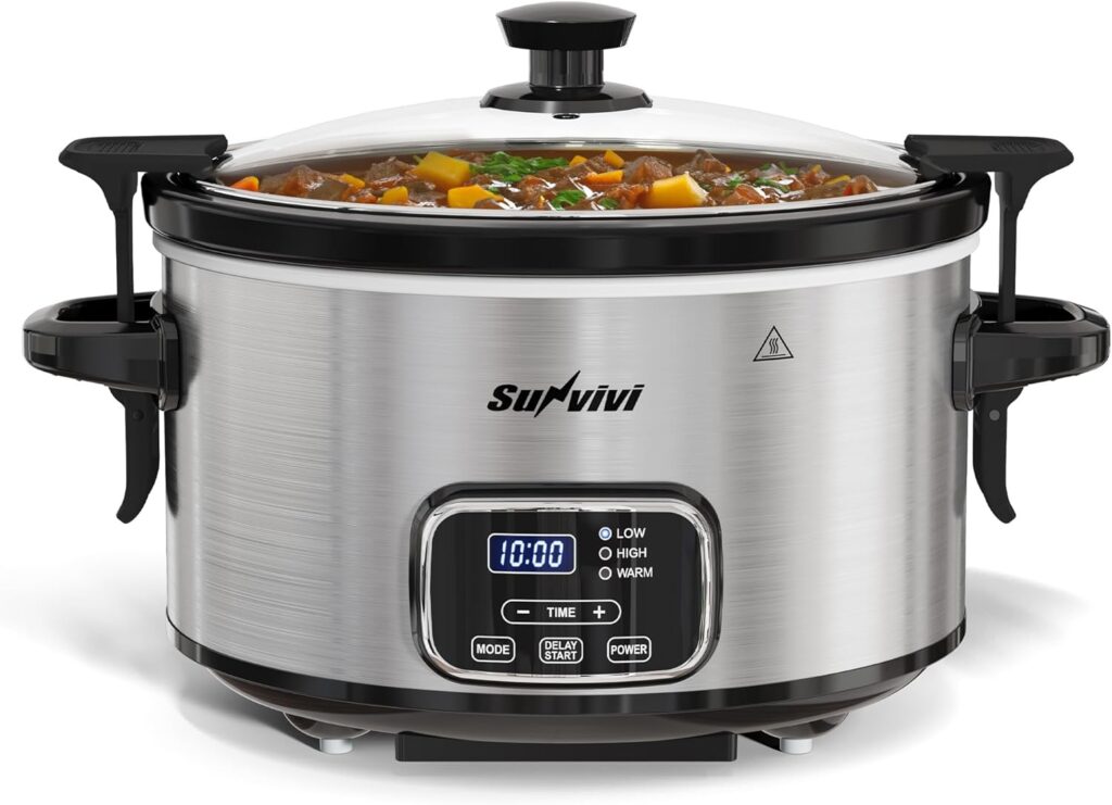 Sunvivi 4QT Programmable Slow Cooker with Locking Lid, Removable Ceramic Pot, 3 Heating Settings & Timer, Dishwasher-Safe, Stainless Steel Silver