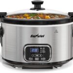 Sunvivi 4QT Programmable Slow Cooker with Locking Lid, Removable Ceramic Pot, 3 Heating Settings & Timer, Dishwasher-Safe, Stainless Steel Silver