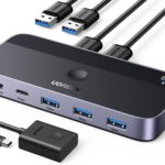 UGREEN USB 3.0 Switch 2 Computers Sharing USB C & A Devices, 4 Port USB Switcher Sharing Keyboard and Mouse, Printer/Scanner USB Switch Hub for Two Computers with 2 USB3.0 Cables and Controller