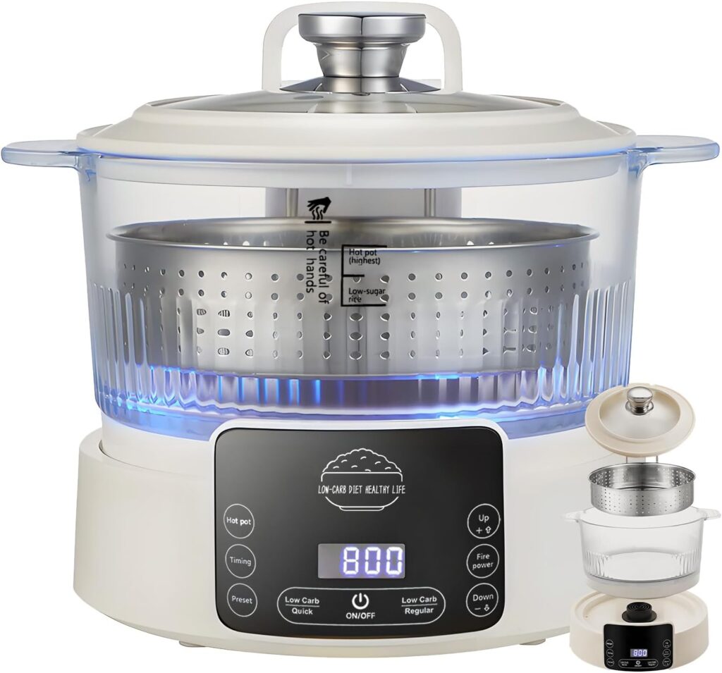 Low Carb Rice Cooker with Reservable-Timable,Low Sugar Multi Functional 3L &2 Cups for Starch Removing Glass Cooker,110v Maximum Power 800w Multi Functional Maker,Liftable Filter Basket (Beige)