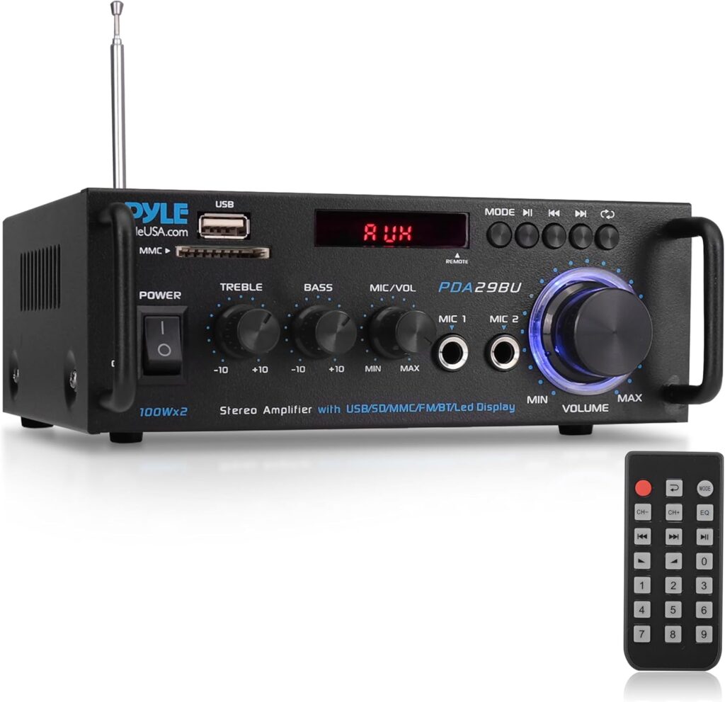 Pyle 200W Wireless Bluetooth Stereo Power Amplifier – 2-Channel Audio Receiver with RCA – USB – SD – MIC IN – FM Radio – Remote Control – AUX Input for Home Theater & Studio Use – PDA29BU.6