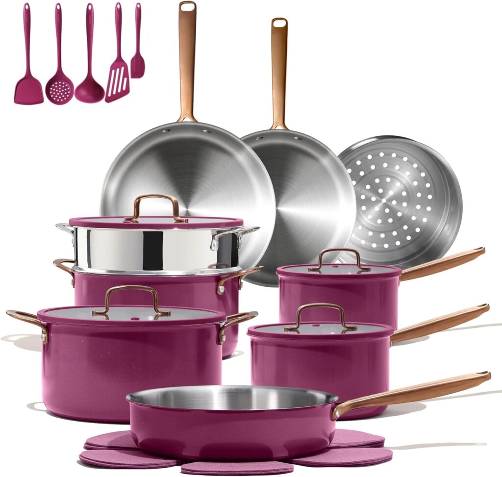 CAROTE 24pcs Tri-Ply Stainless Steel Cookware Set, Pots and Pans Set, Non Toxic Induction Kitchen Cooking Sets, Cookware Collection, Outer Ceramic Layer, Violet Purple