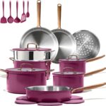 CAROTE 24pcs Tri-Ply Stainless Steel Cookware Set, Pots and Pans Set, Non Toxic Induction Kitchen Cooking Sets, Cookware Collection, Outer Ceramic Layer, Violet Purple